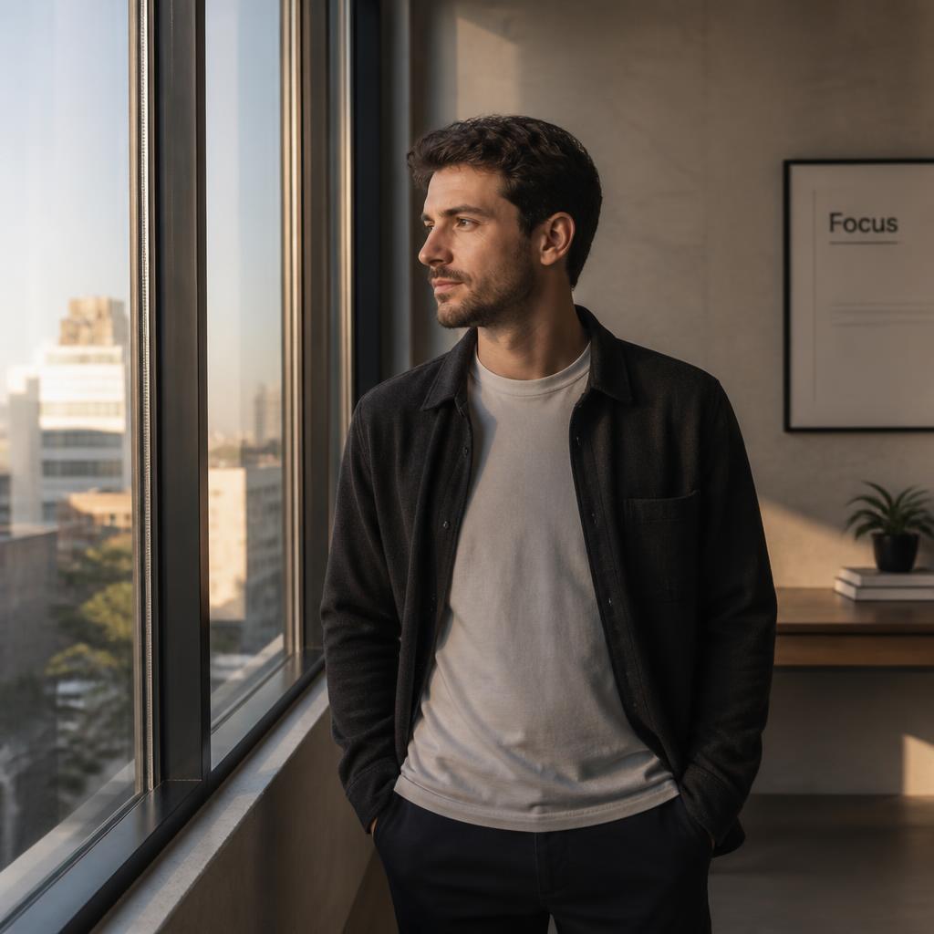 Founder looking out a window in a moment of clarity